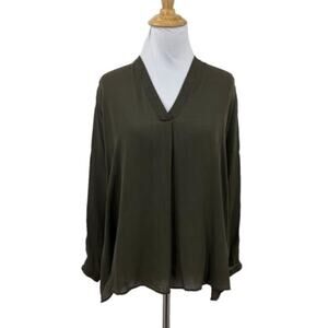 Vince silk V-neck loose fit blouse in army green size XS